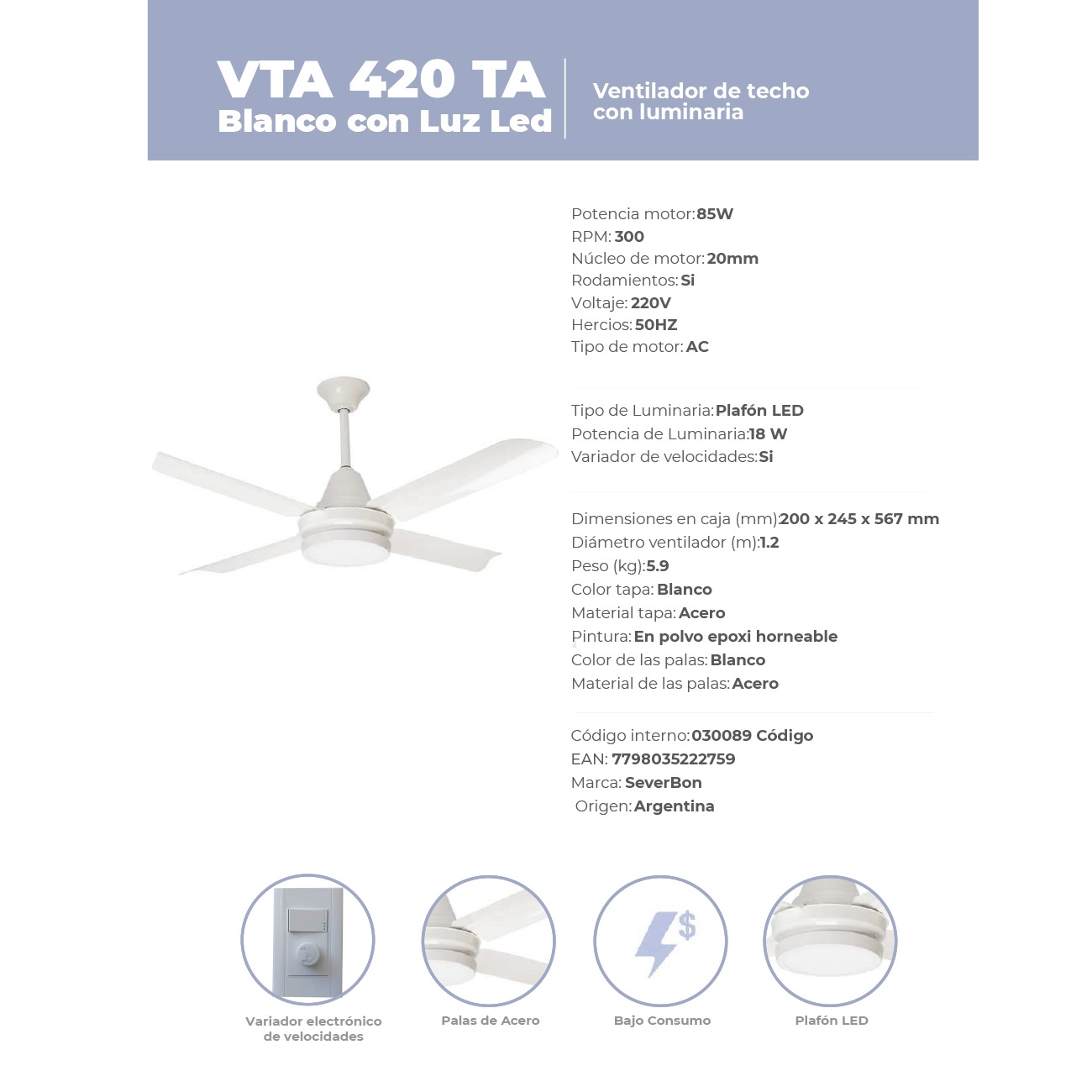 Imagen Ventilador De Techo Severbon Blanco C/luz Led