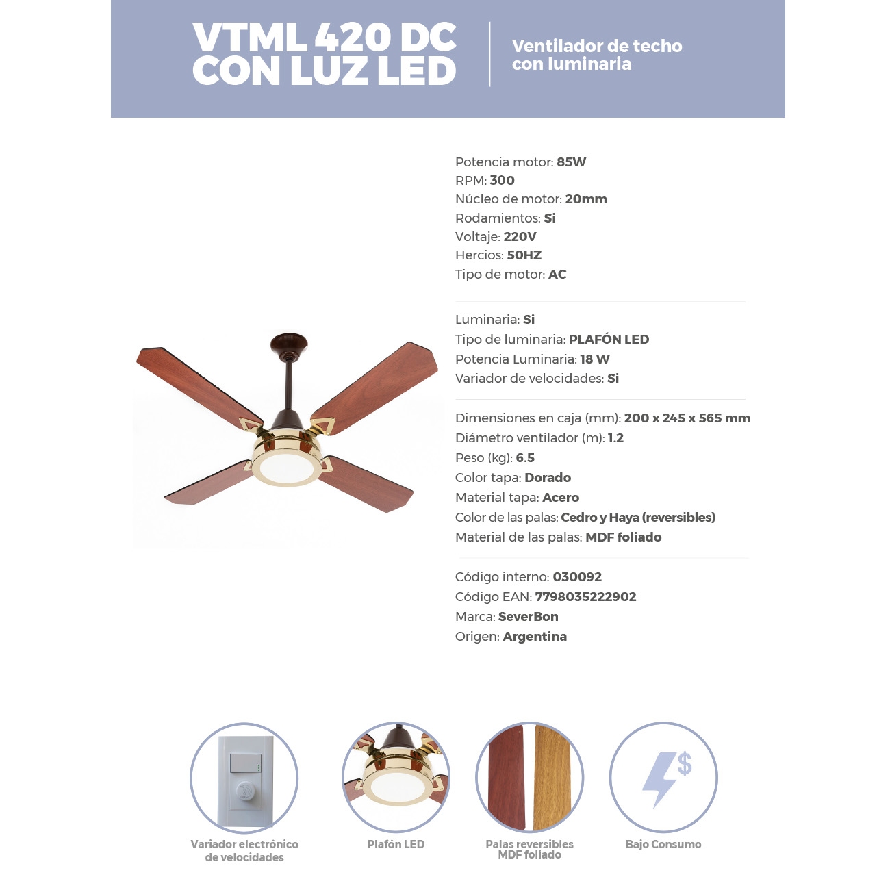 Imagen Ventilador De Techo Severbon Madera/ Dor C/luz Led